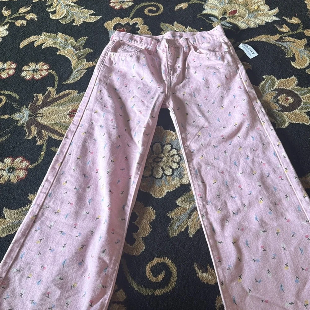 Old Navy girls size 12 baby pink flower print baggy wide leg high-rise jeans